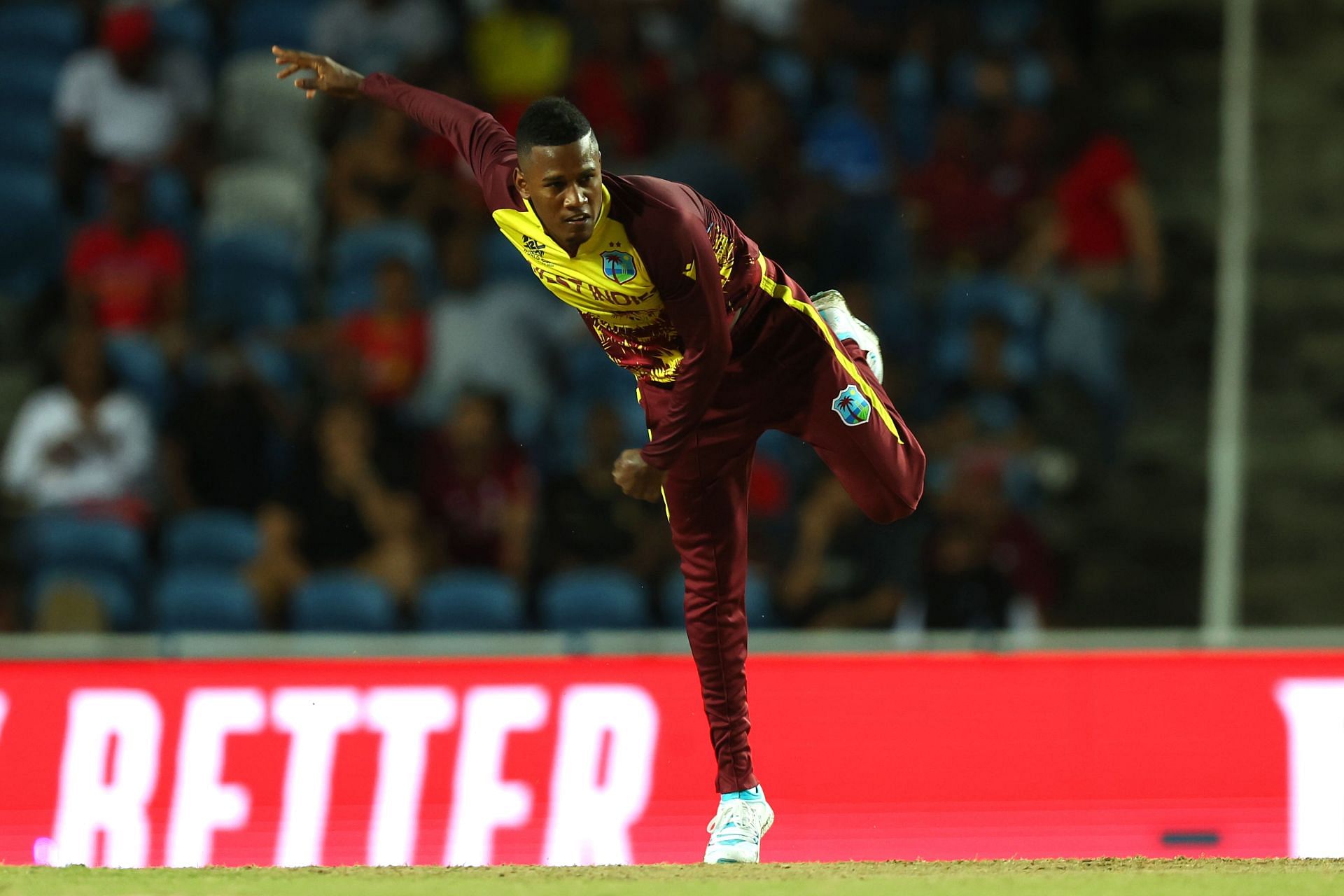 Akeal Hosein of West Indies bowls during theT20 Cricket World Cup. (Photo by Ashley Allen/Getty Images).